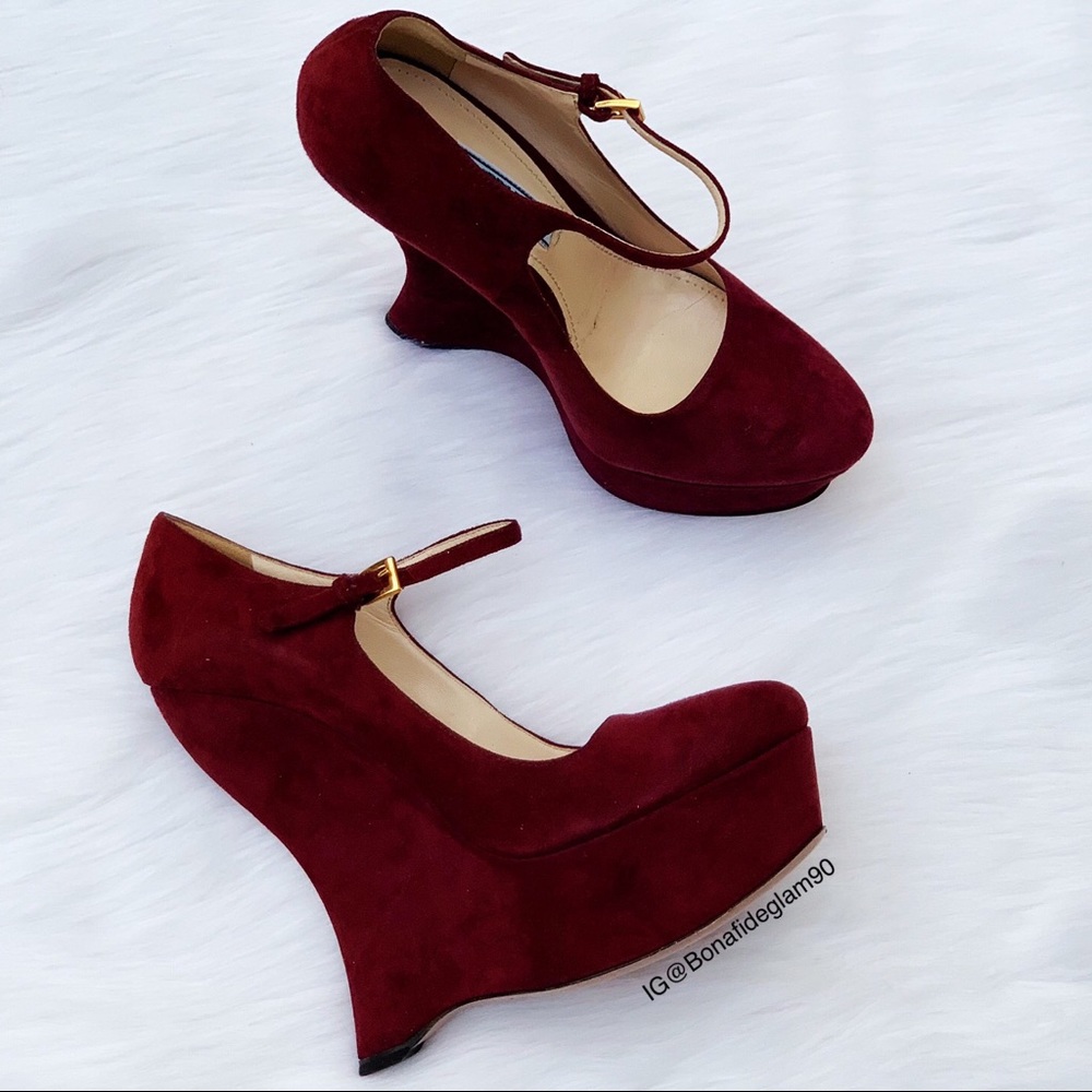 Prada burgundy suede Mary Jane contoured wedges 37